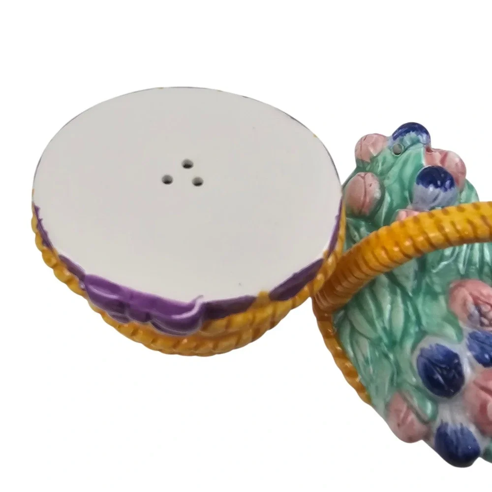 Ceramic Flower Basket Salt and Pepper Shakers Set with Floral Saucer Plate